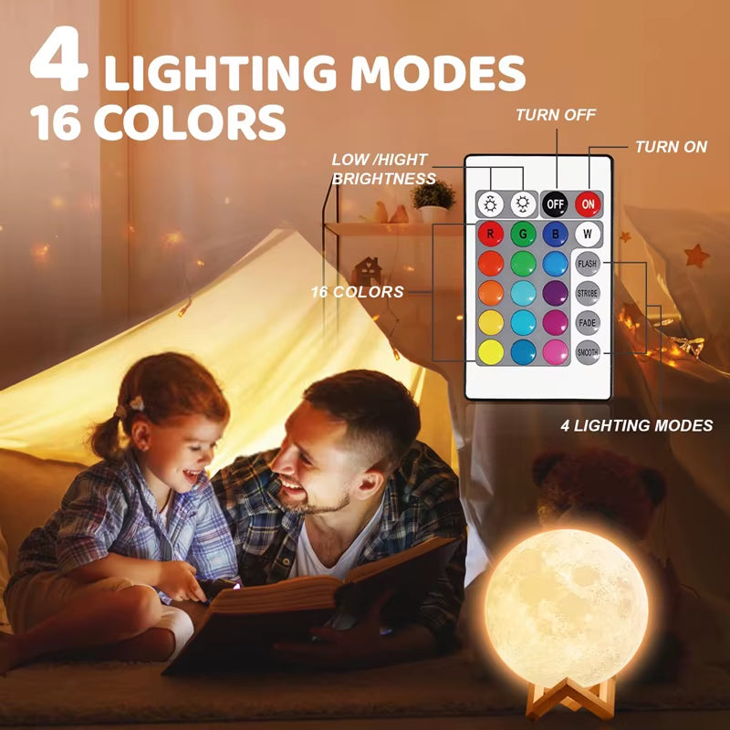 3D Print Rechargeable Moon Lamp LED Night Light Creative Touch Switch Remote Control Light for Bedroom Decoration Birthday Gift
