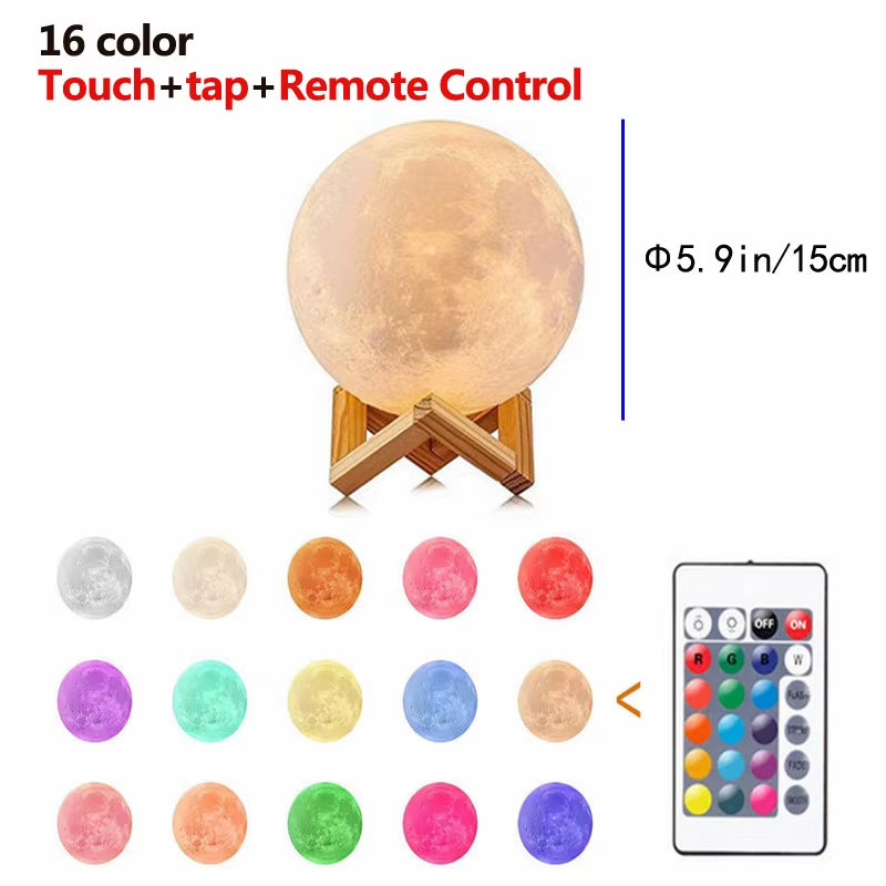 3D Print Rechargeable Moon Lamp LED Night Light Creative Touch Switch Remote Control Light for Bedroom Decoration Birthday Gift